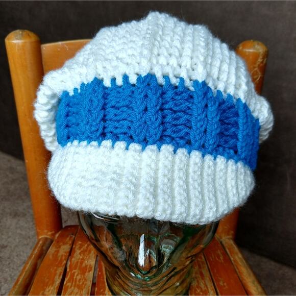 White Slouchy Hat with a Brim blue band crochet handmade OSFM ready to ship main image 9